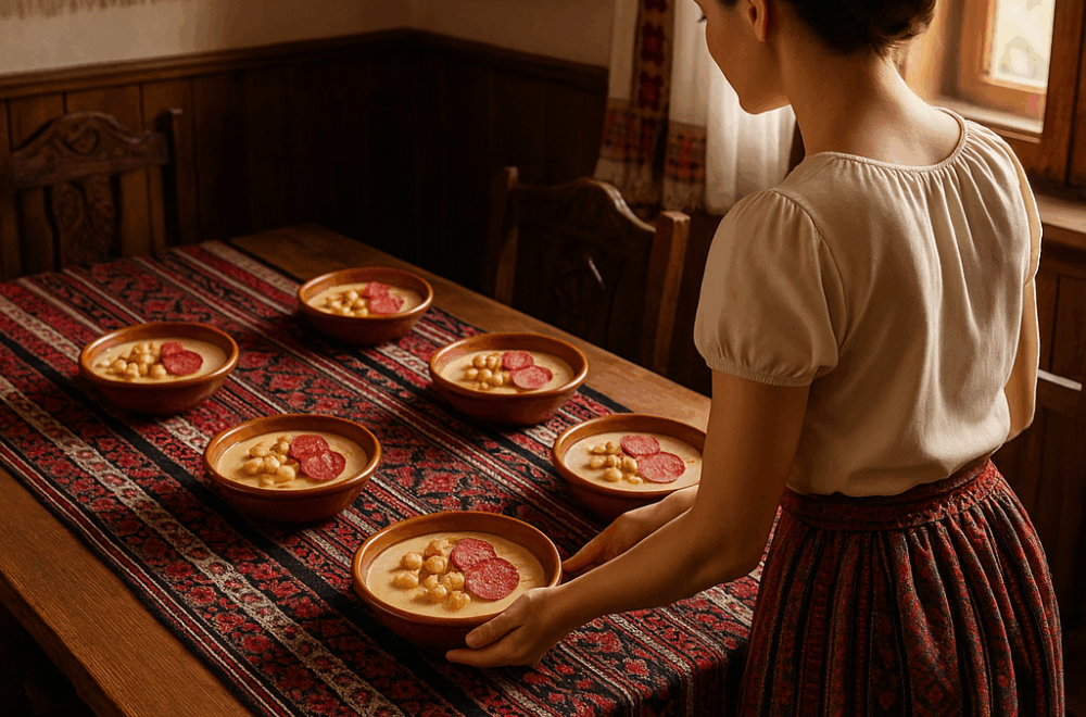 Supă cremă de brânzeturi cu crutoane și salam picant