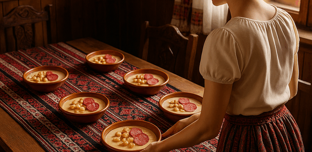 Supă cremă de brânzeturi cu crutoane și salam picant