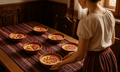 Supă cremă de brânzeturi cu crutoane și salam picant