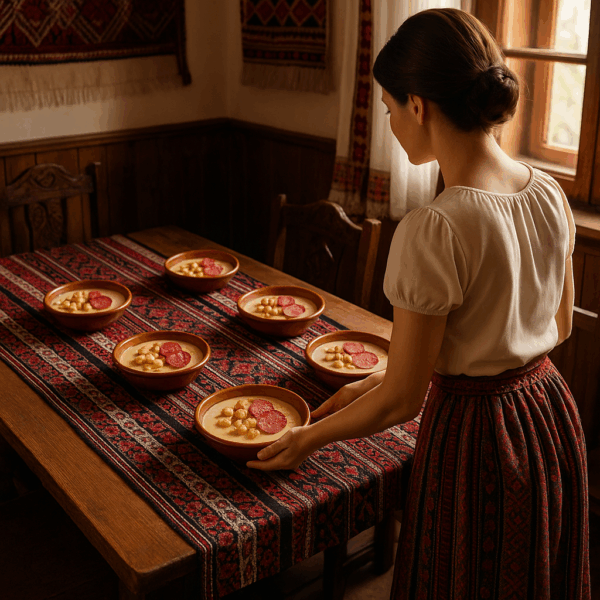 Supă cremă de brânzeturi cu crutoane și salam picant