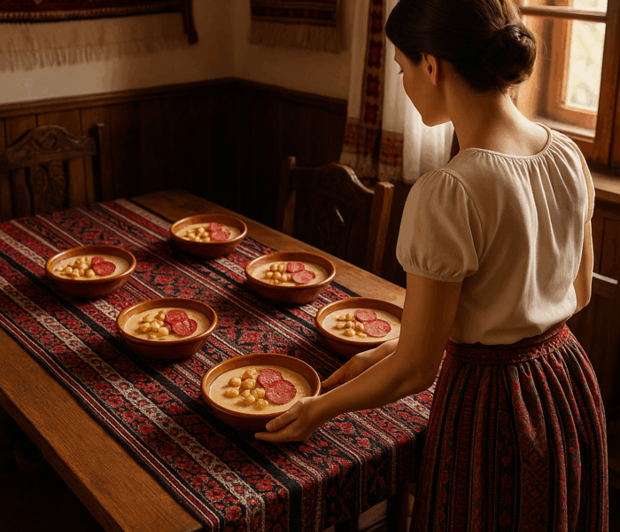 Supă cremă de brânzeturi cu crutoane și salam picant