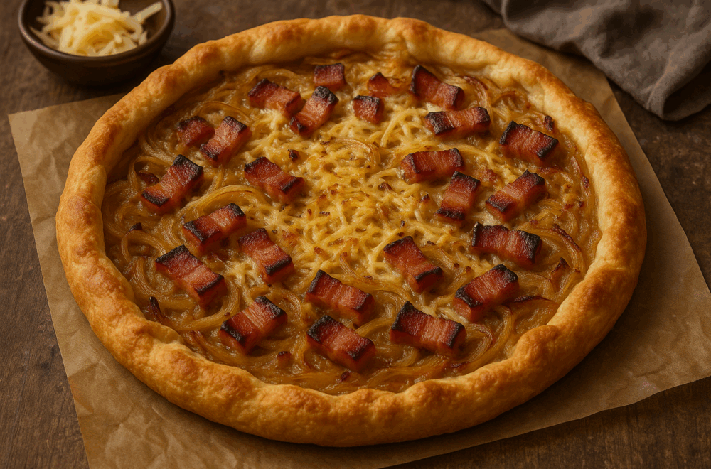 Tartă rustică cu ceapă caramelizată, bacon afumat și cașcaval