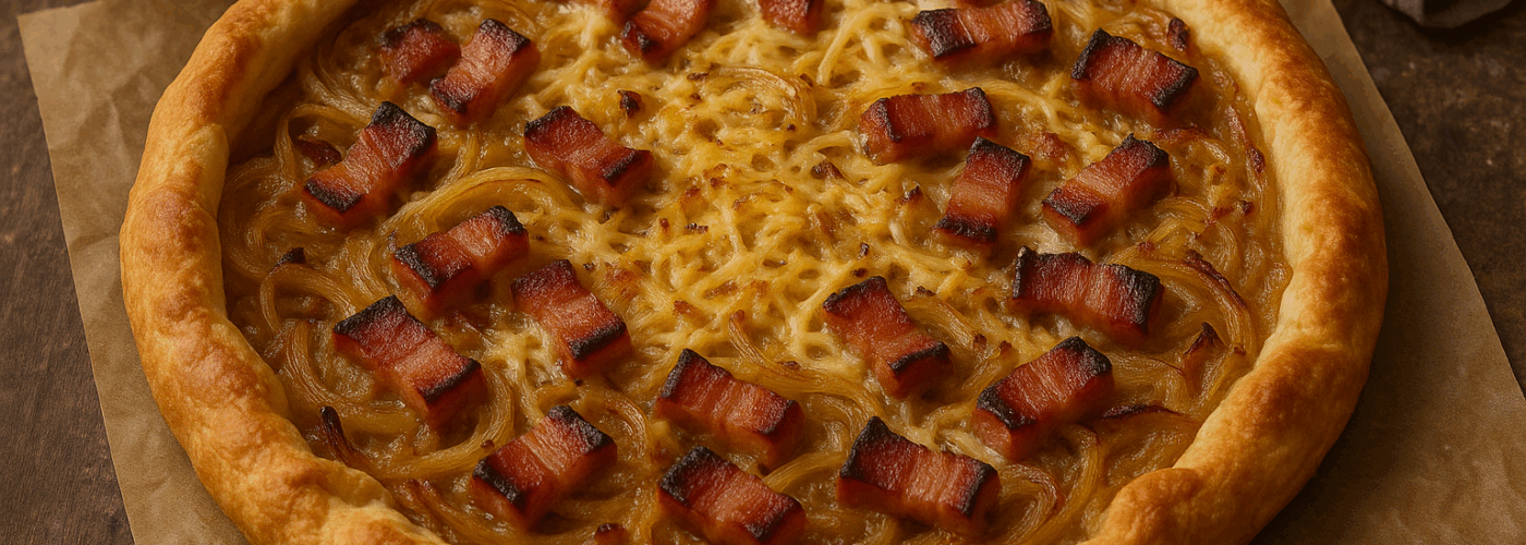 Tartă rustică cu ceapă caramelizată, bacon afumat și cașcaval