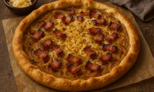 Tartă rustică cu ceapă caramelizată, bacon afumat și cașcaval