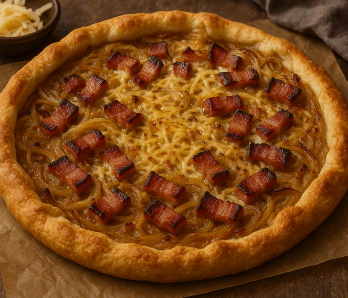 Tartă rustică cu ceapă caramelizată, bacon afumat și cașcaval