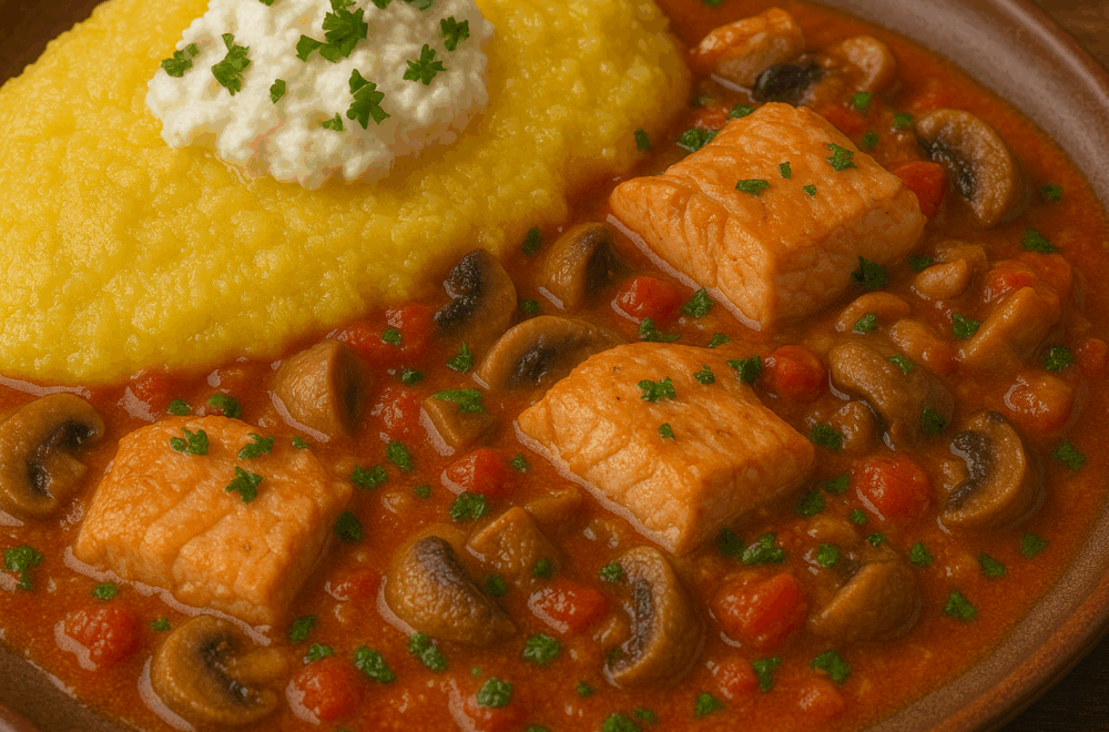 Tocăniță de păstrăv cu mămăligă și brânză de burduf