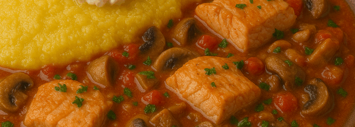 Tocăniță de păstrăv cu mămăligă și brânză de burduf