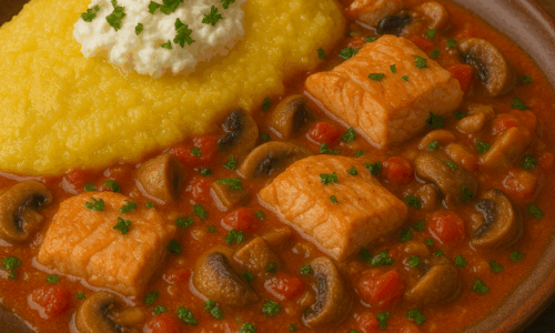 Tocăniță de păstrăv cu mămăligă și brânză de burduf