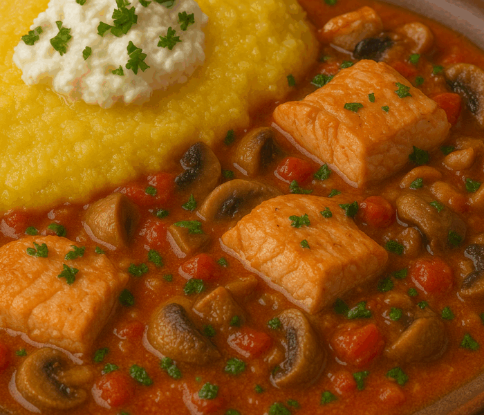 Tocăniță de păstrăv cu mămăligă și brânză de burduf