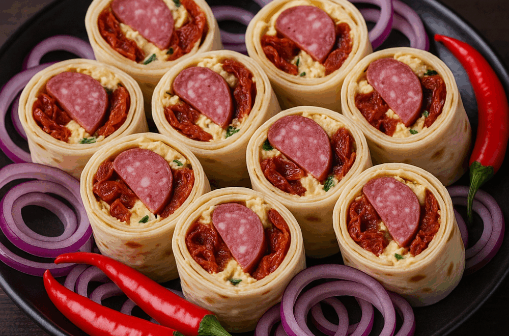 Wrap de brânză de burduf, roșii uscate și salam de vânat