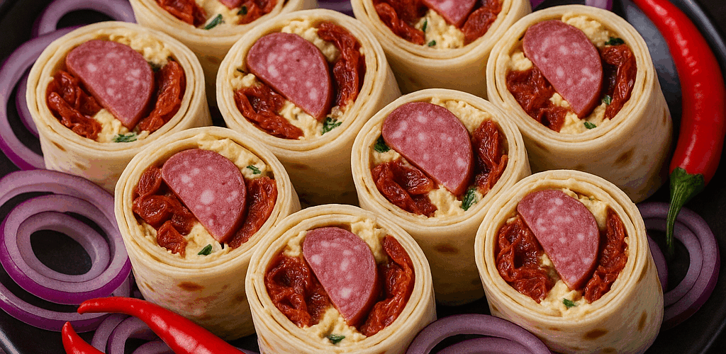 Wrap de brânză de burduf, roșii uscate și salam de vânat