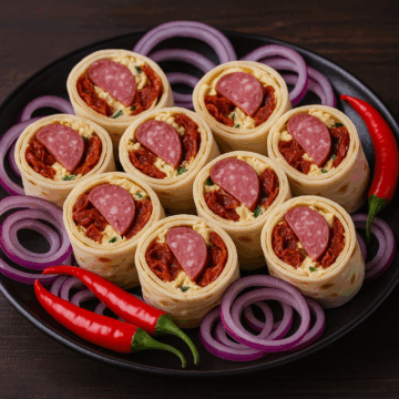 Wrap de brânză de burduf, roșii uscate și salam de vânat