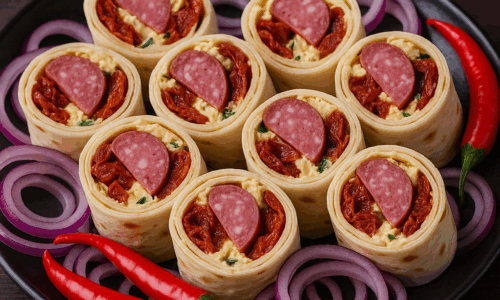 Wrap de brânză de burduf, roșii uscate și salam de vânat