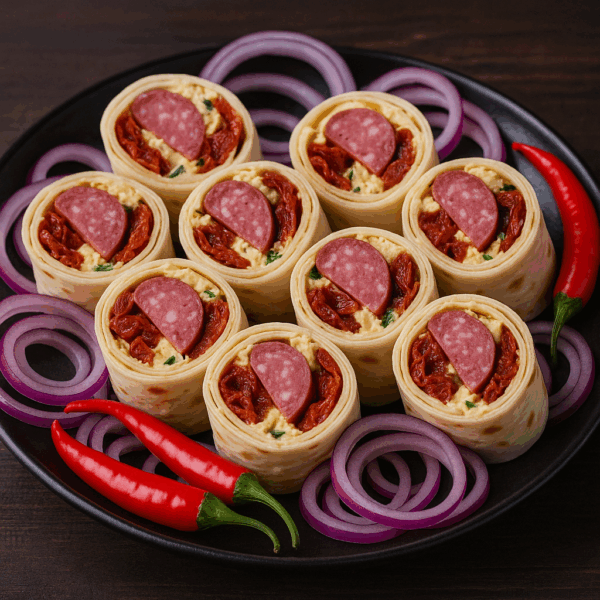 Wrap de brânză de burduf, roșii uscate și salam de vânat