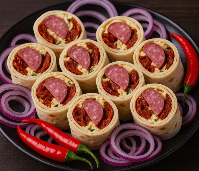 Wrap de brânză de burduf, roșii uscate și salam de vânat