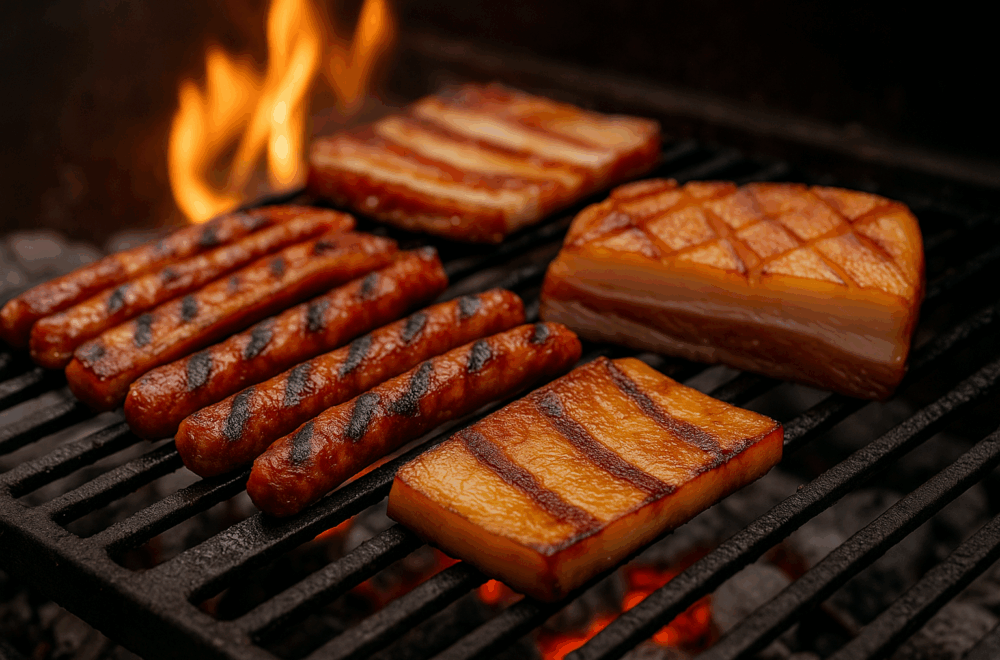 Grătar mixt de mezeluri – cârnăciori, pastramă și slănină afumată