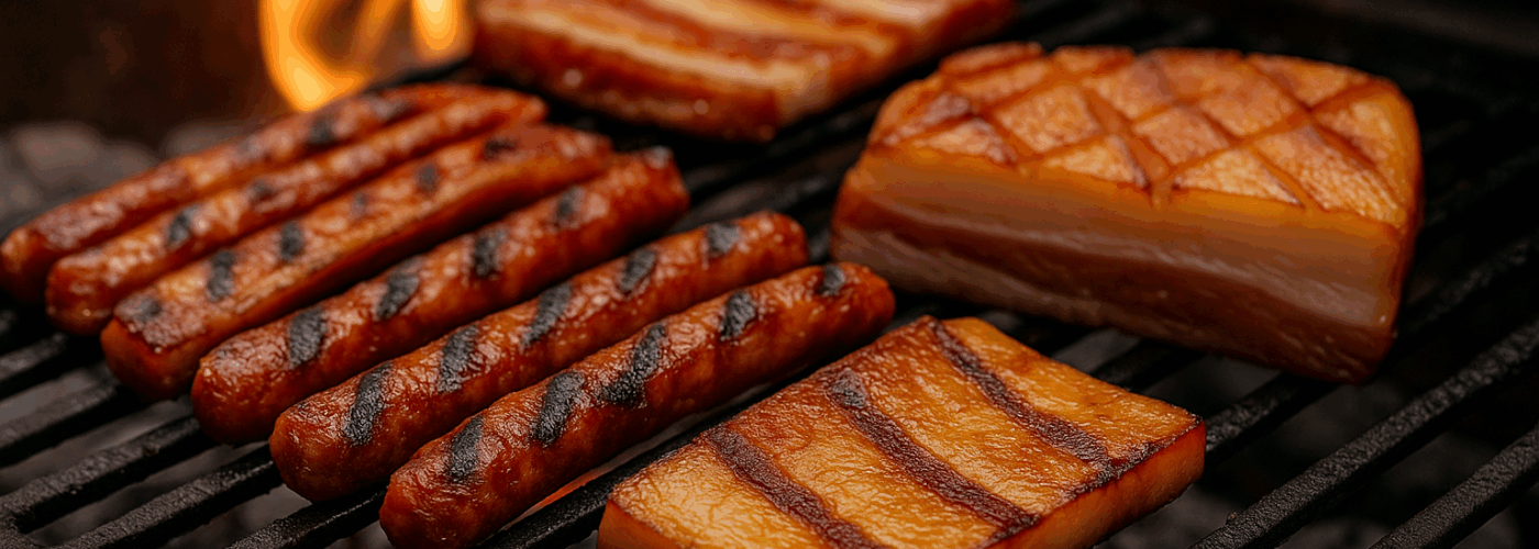 Grătar mixt de mezeluri – cârnăciori, pastramă și slănină afumată