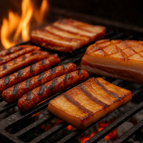 Grătar mixt de mezeluri – cârnăciori, pastramă și slănină afumată