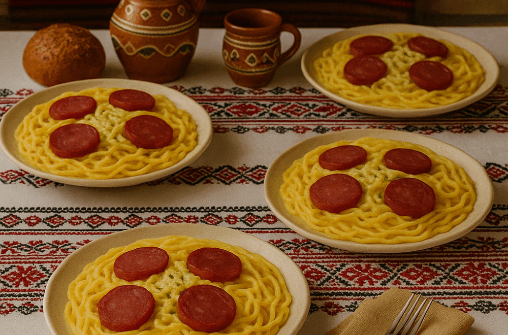 Tăiței de casă cu cremă de brânzeturi și felii de salam afumat