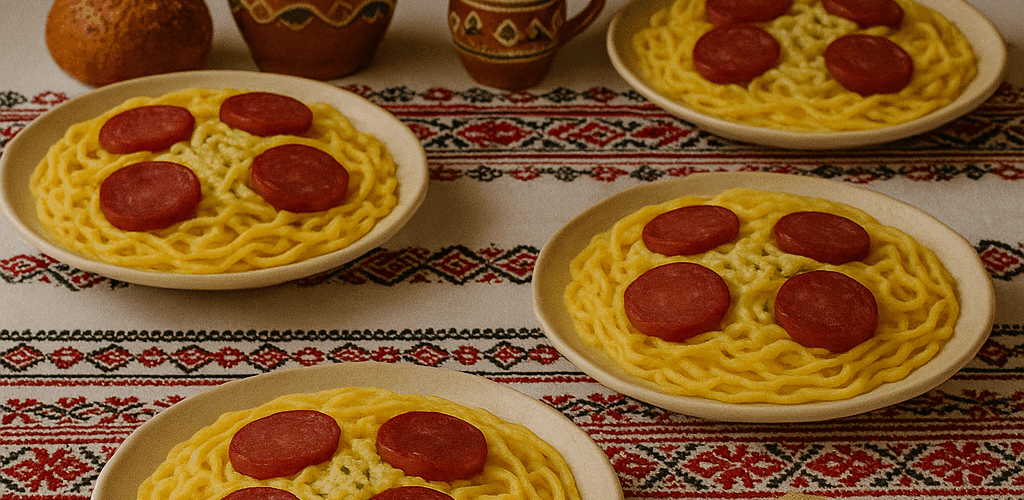 Tăiței de casă cu cremă de brânzeturi și felii de salam afumat