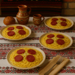 Tăiței de casă cu cremă de brânzeturi și felii de salam afumat