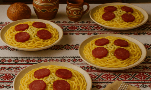 Tăiței de casă cu cremă de brânzeturi și felii de salam afumat