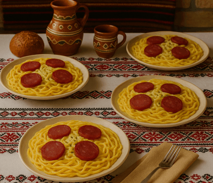 Tăiței de casă cu cremă de brânzeturi și felii de salam afumat